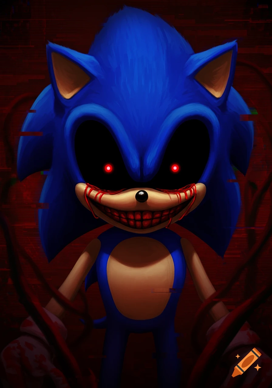 Close-up of Sonic.exe with red glowing eyes, a wide bloody smile, and glitch effects on a dark red background.