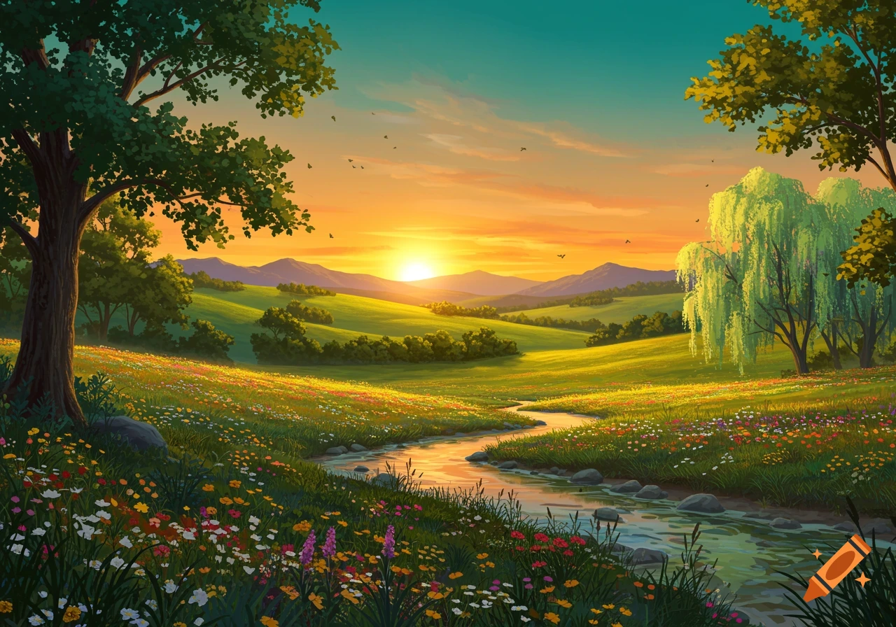 Vibrant illustration of a sunlit meadow with colorful wildflowers, a winding stream, and lush green trees at sunrise or sunset.