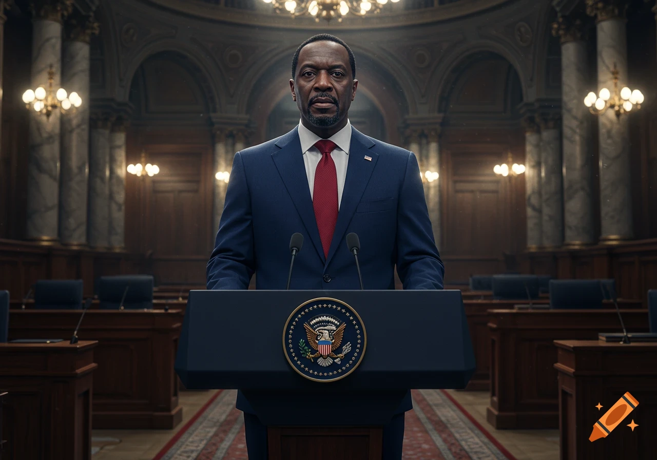 A man in a navy blue suit and red tie stands behind a podium with the Great Seal of the United States, in a grand hall.
