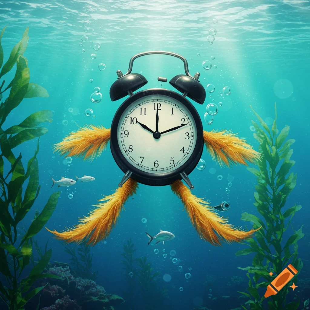 A black alarm clock with orange feathery legs swims underwater among seaweed and fish, with light rays.