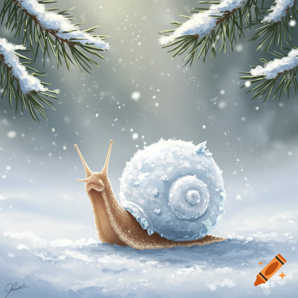 A cute snail with a shell made of snow crawls through a snowy landscape under pine branches.