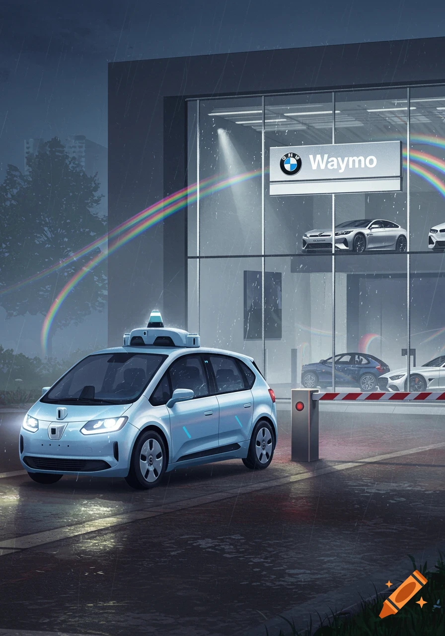 A light blue autonomous Waymo car in the rain outside a BMW dealership with a rainbow, under a stormy sky.