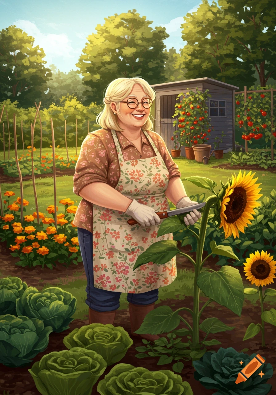 A smiling elderly woman with blonde hair and glasses, wearing an apron and gloves, tends to a sunflower in a vibrant garden. Illustrated style.