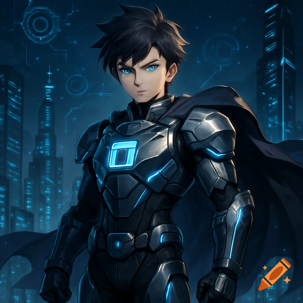 Anime character in sleek black and blue futuristic armor with a cape, standing against a dark cityscape with glowing blue lights and circuit patterns.
