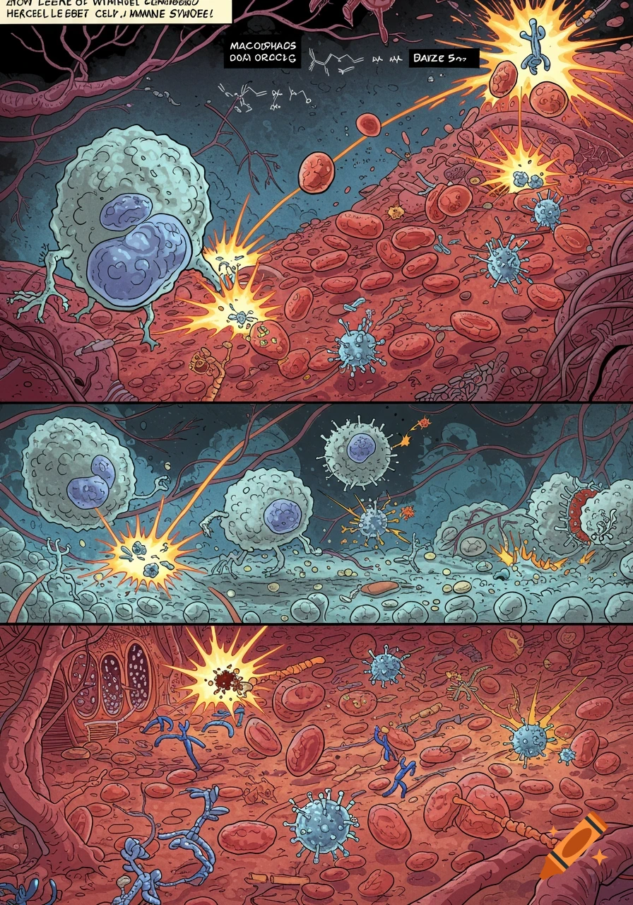 A detailed comic book style illustration showing white blood cells attacking viruses within blood vessels.