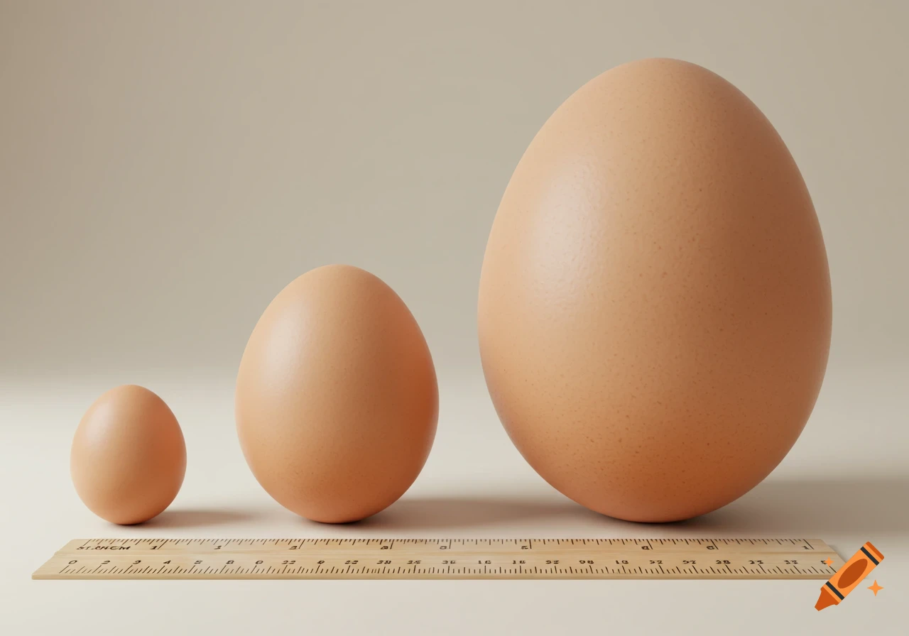Three eggs of different sizes, from small to large, placed on a light surface next to a wooden ruler.