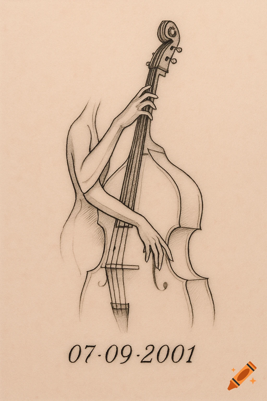 A fine line tattoo design of a woman's arms playing a double bass, with the date 07-09-2001 below.