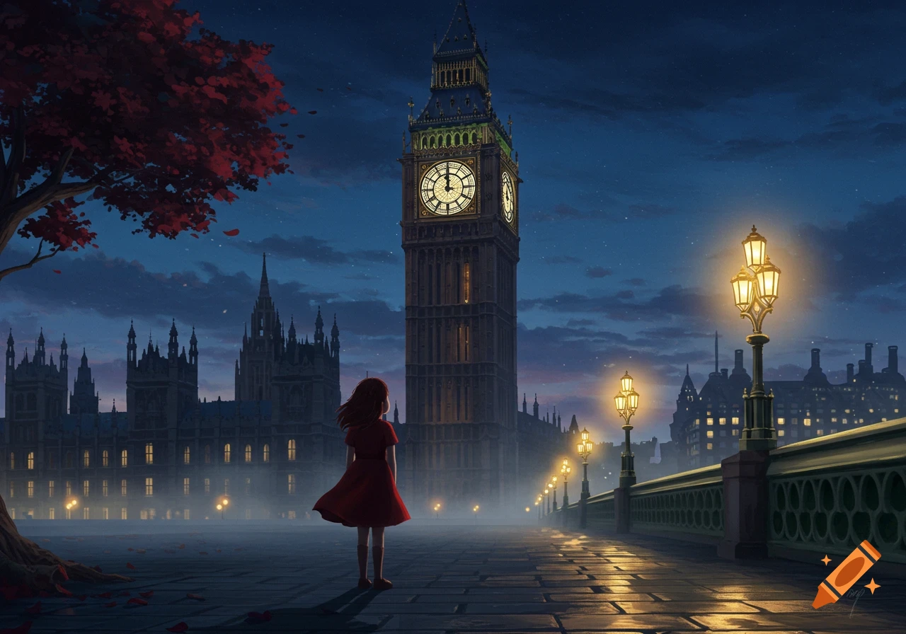 A girl in a red dress stands on a bridge looking at Big Ben and the Houses of Parliament at night, with illuminated streetlights and a red-leaved tree.