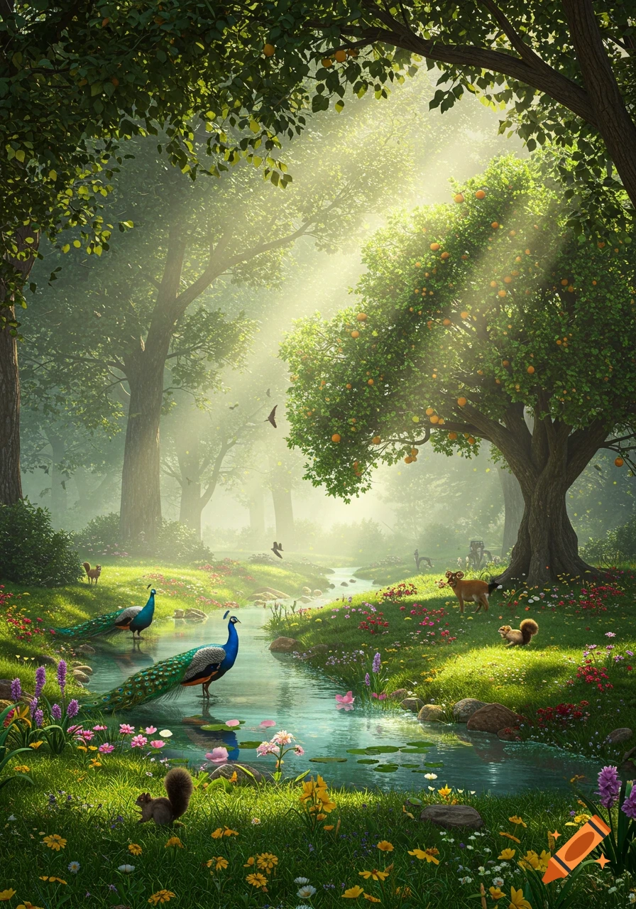 A vibrant, lush fantasy garden with sun-dappled trees, a winding stream, two peacocks, squirrels, and other animals.