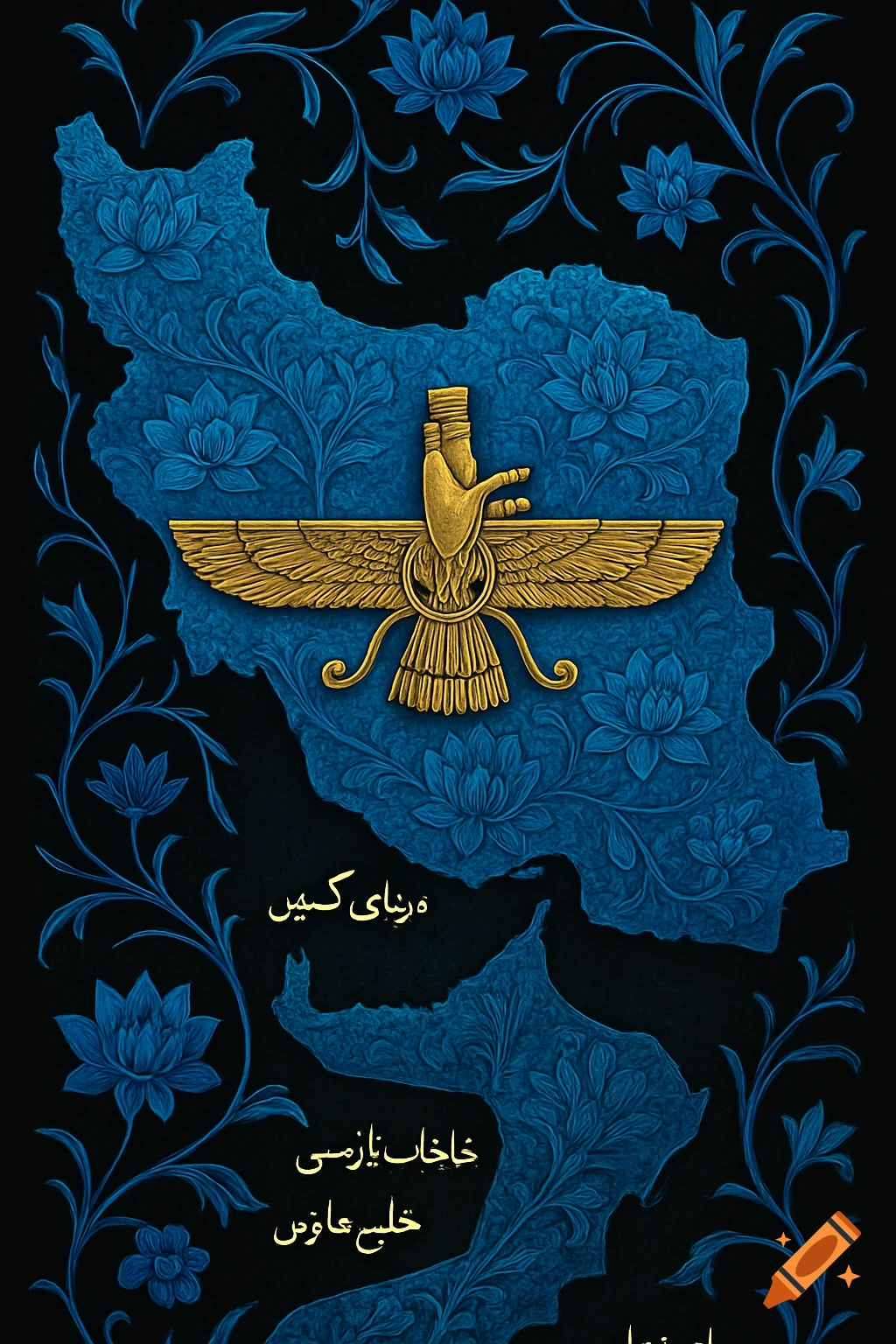 A dark blue map of Iran with an embossed floral pattern on a black background, featuring a golden Faravahar symbol in the center. Persian script is visible below the symbol.
