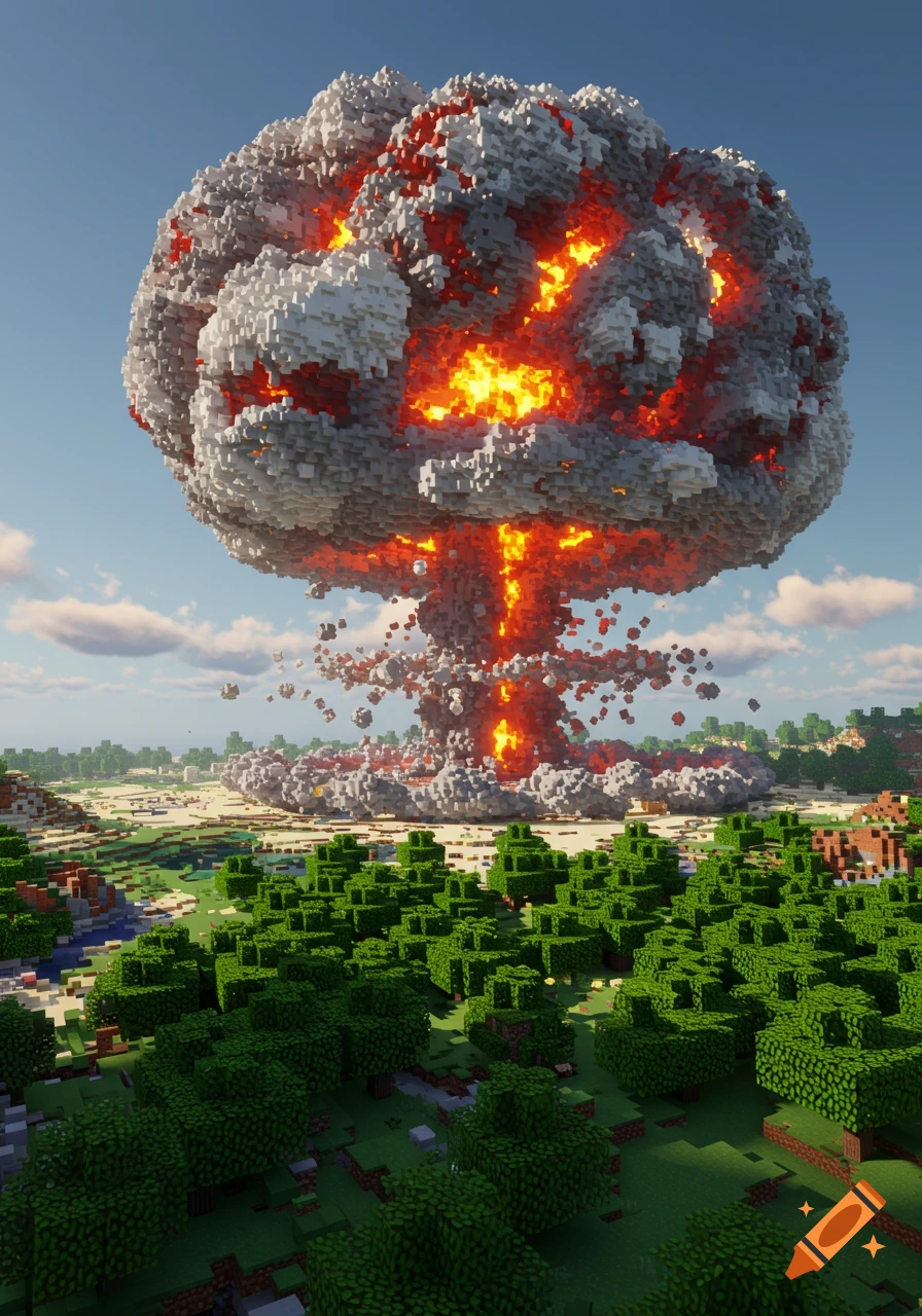 A pixelated mushroom cloud explosion rises over a blocky, green Minecraft-style landscape under a blue sky.