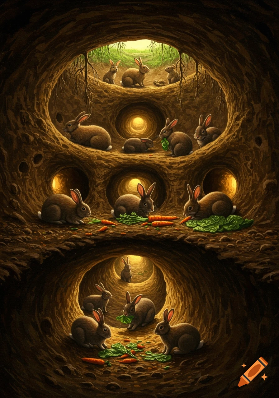 Photorealistic image of many brown rabbits in a complex underground burrow, some eating carrots and leaves.