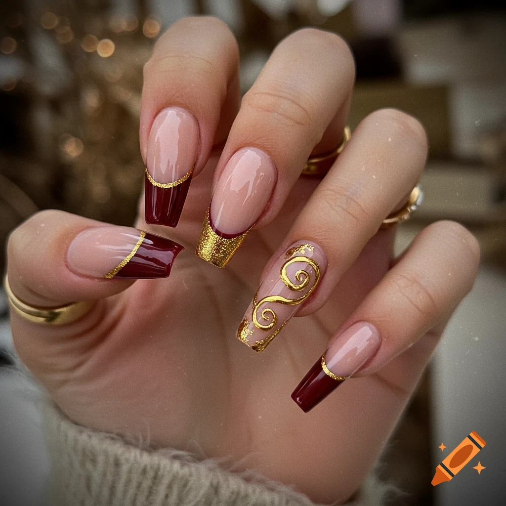 Maroon Nails with Gold Vein Twist