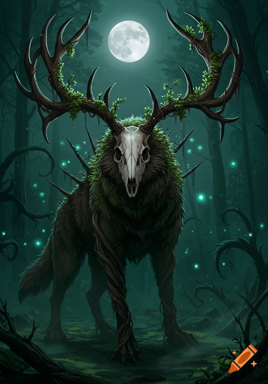 A dark fantasy illustration of a wolf-like creature with a skull head, thorny back, and antlers made of branches and leaves, standing in a misty forest under a full moon.