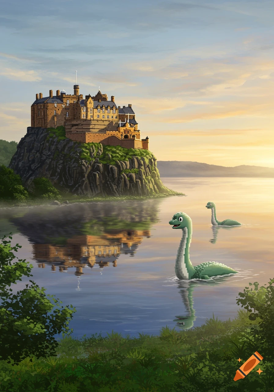 A pixelated Edinburgh Castle on a cliff overlooking a loch with two pixelated Nessies swimming in the water during sunset.