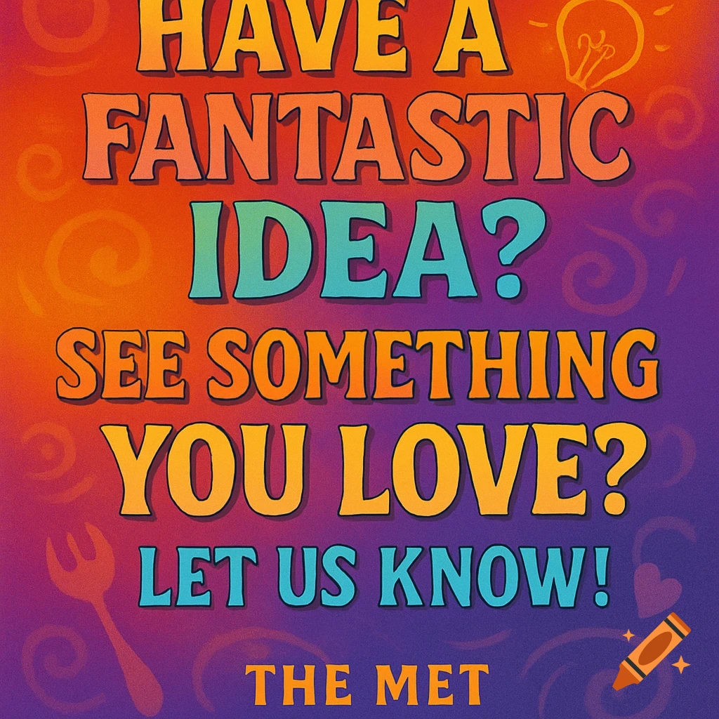 A vibrant sign with the text "Have a fantastic idea? See something you love? Let us know! The Met" on an orange to purple gradient background.
