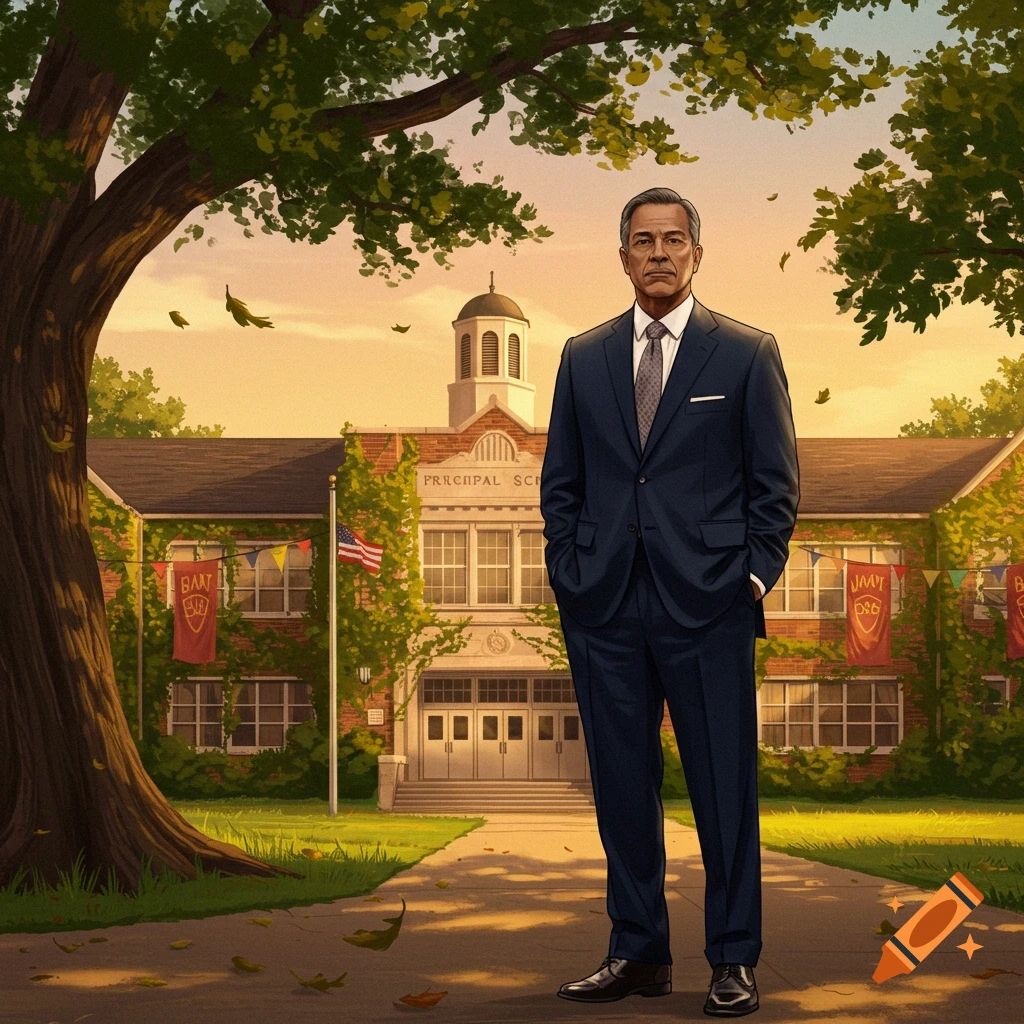 A middle-aged man in a dark suit stands on a paved path in front of a school building with a large tree on the left. Illustrated style.