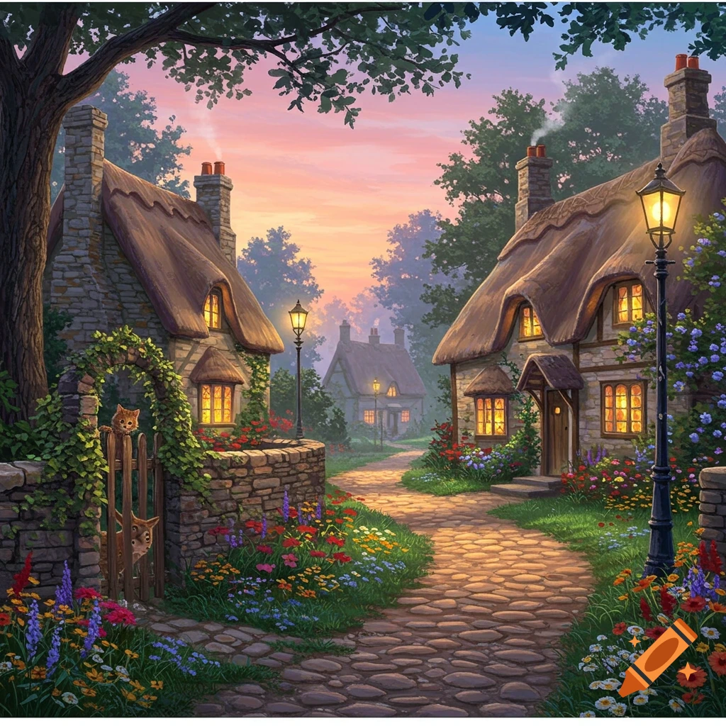 A charming village path winds through stone cottages with thatched roofs, illuminated windows, and vibrant flowers at sunset. Two cats are by a gate.