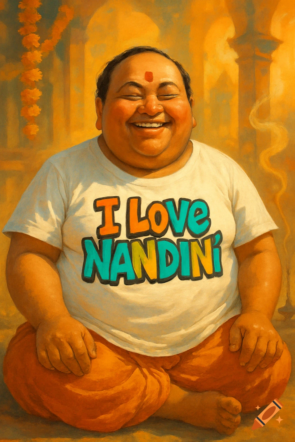A smiling man with a red bindi sits cross-legged, wearing a white "I Love NANDINI" t-shirt, in an orange-hued temple setting.