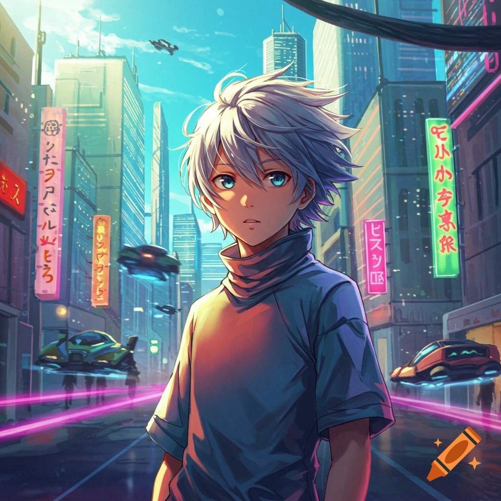 Anime-style teenage boy with white hair and blue eyes stands in a vibrant, neon-lit futuristic city with flying vehicles.
