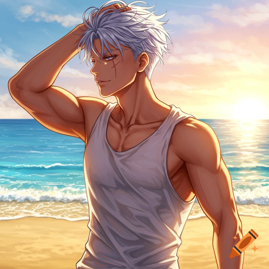 Muscular silver-haired man in a white tank top on a beach at sunset, anime style.
