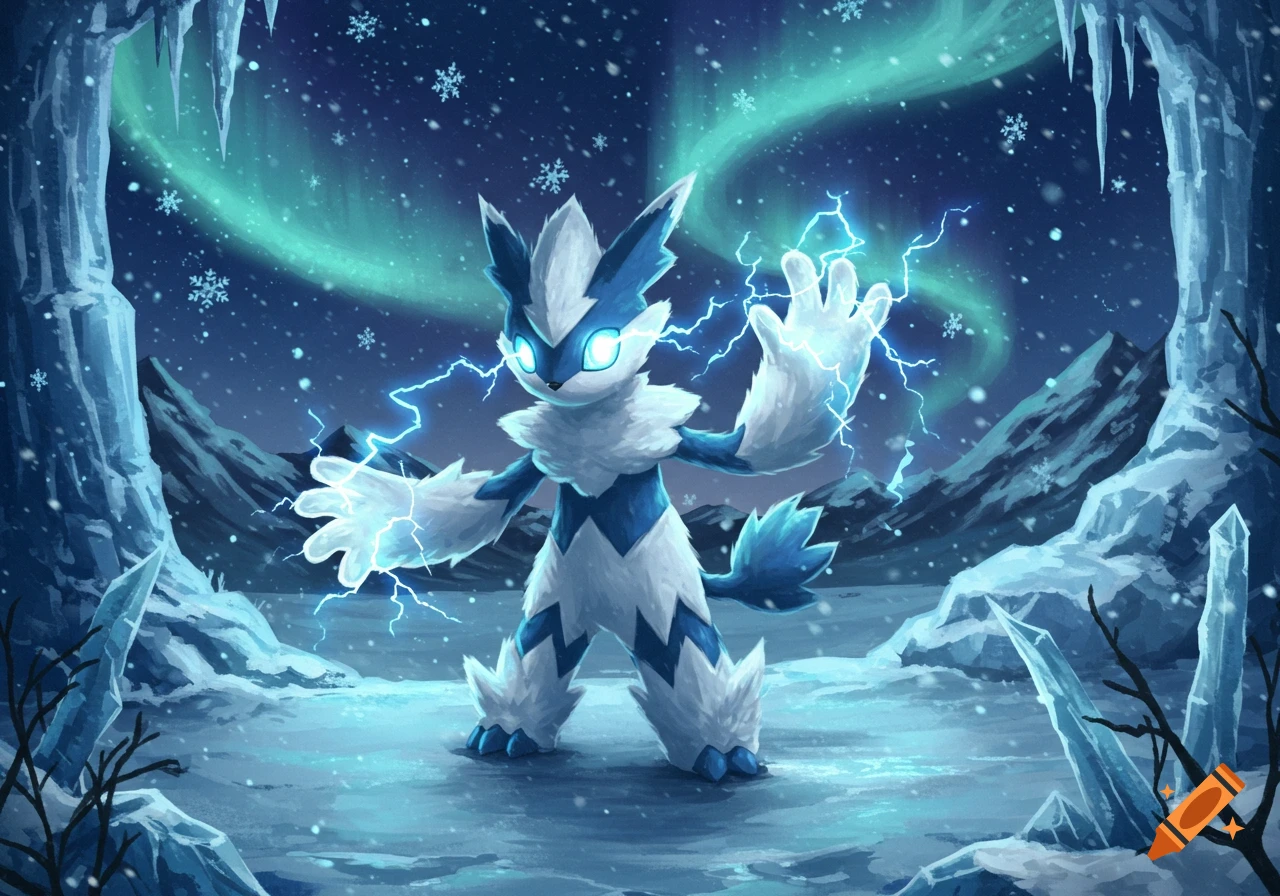 A blue and white furry creature resembling a Pokemon stands in an icy landscape, generating lightning. Northern lights glow in the snowy sky.