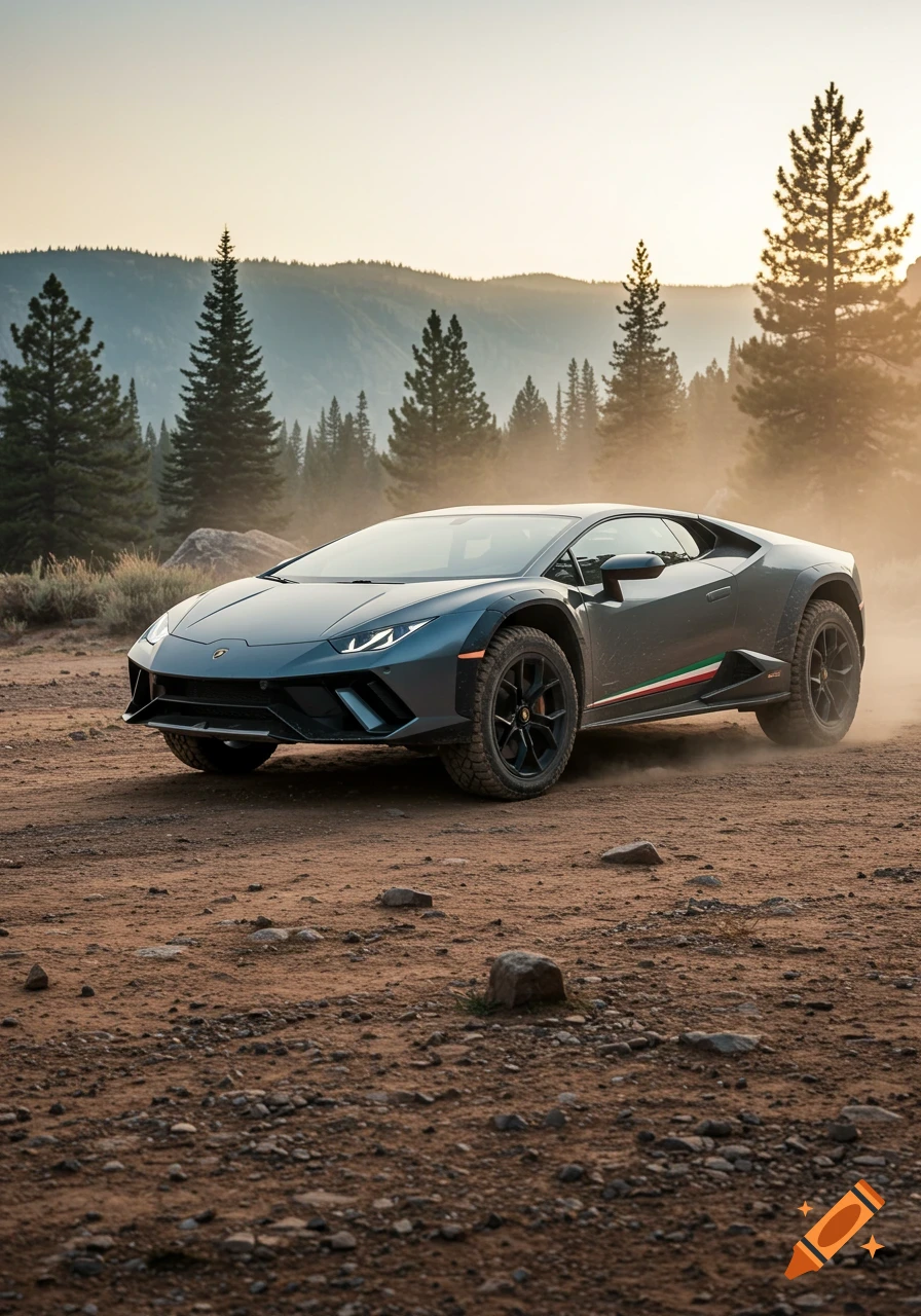 A gray Lamborghini Hurac an Sterrato drives on a dusty dirt road in a mountain landscape at sunset, kicking up dust.