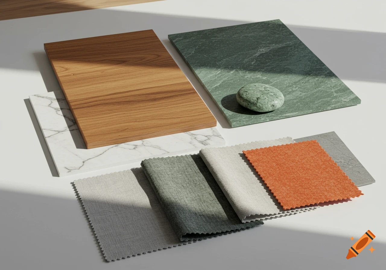 A flat lay of material samples including wood, white and green marble, a grey stone, and fabric swatches in grey, green, and orange.