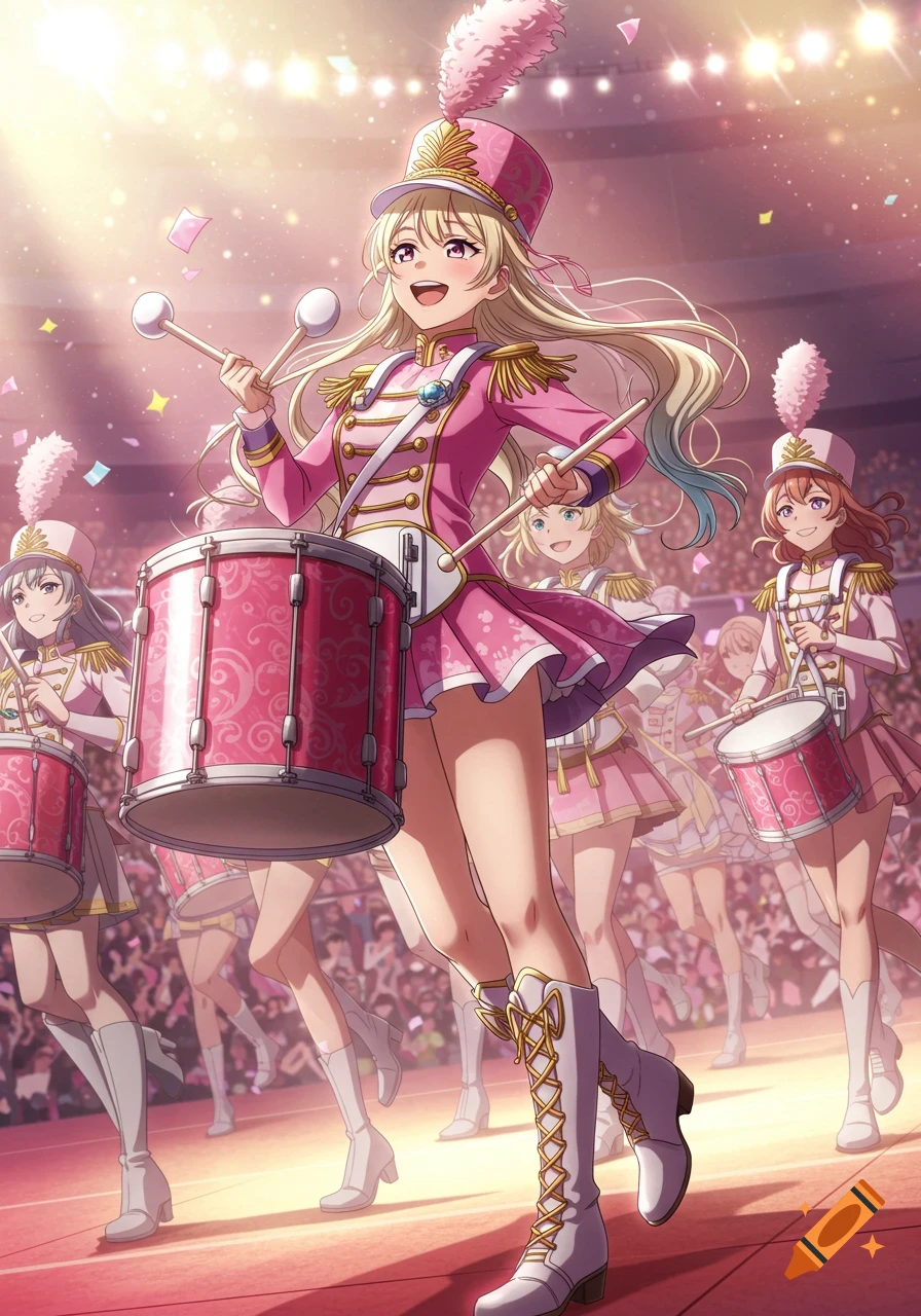 An anime girl with long blonde hair in a pink marching band uniform plays a drum, smiling brightly, with other band members and a crowd in the background.