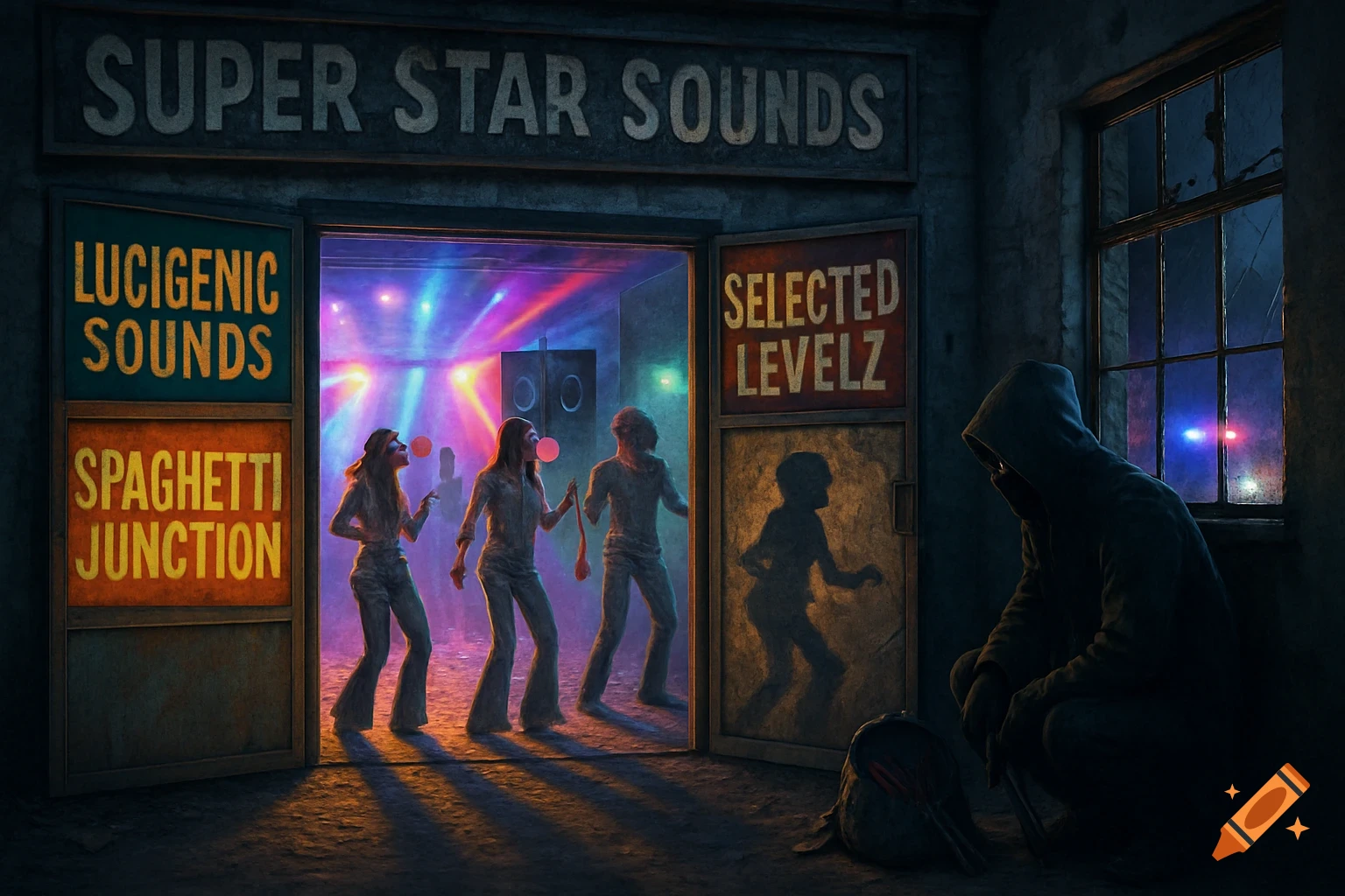 An abandoned bar, 'SUPER STAR SOUNDS' sign above, three open doors reveal a vibrant dance floor with people dancing in a club, while a hooded figure sits outside near a broken window with police lights. The scene is lit by colorful strobes and streetlights, creating deep shadows.