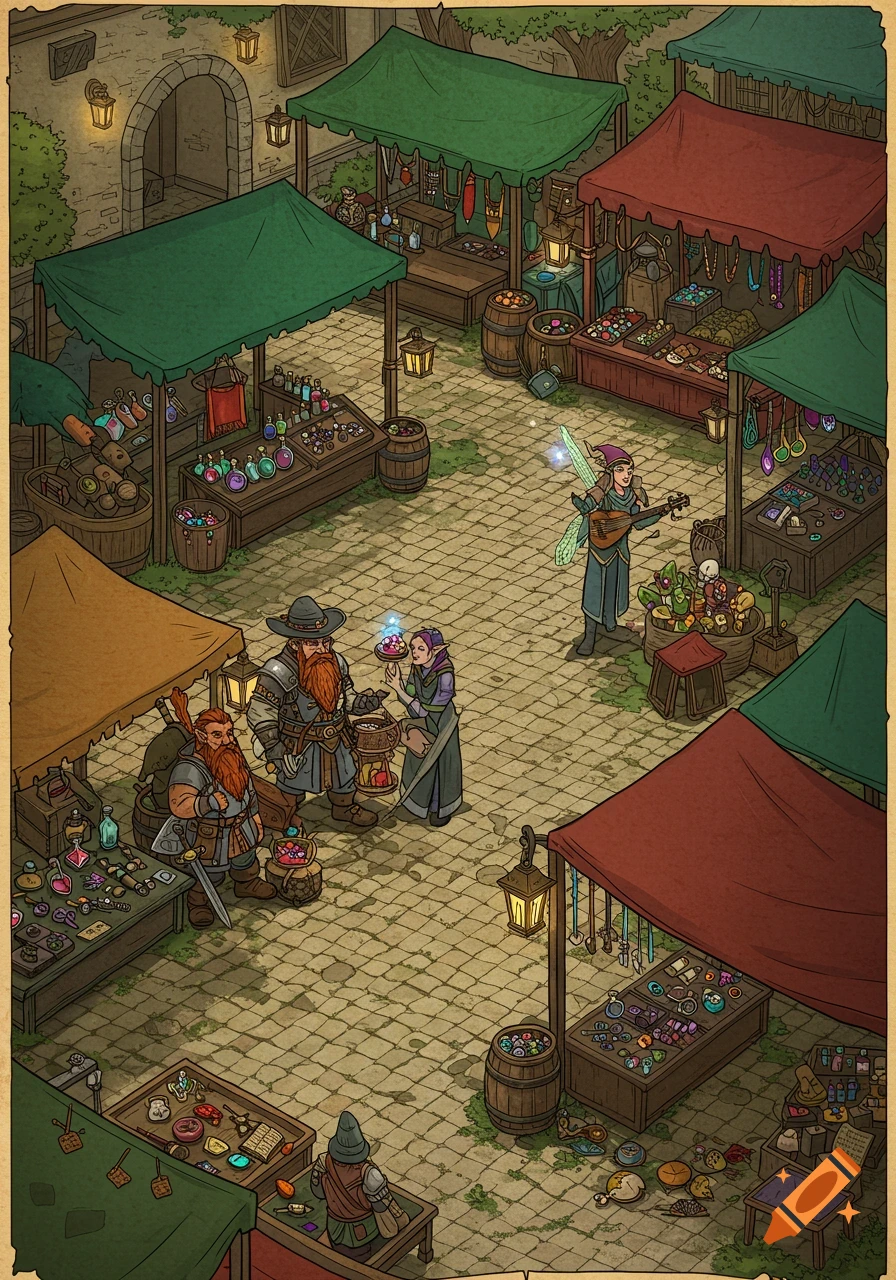 An isometric view of a bustling fantasy market square with various stalls, dwarves, and a fairy playing a lute.