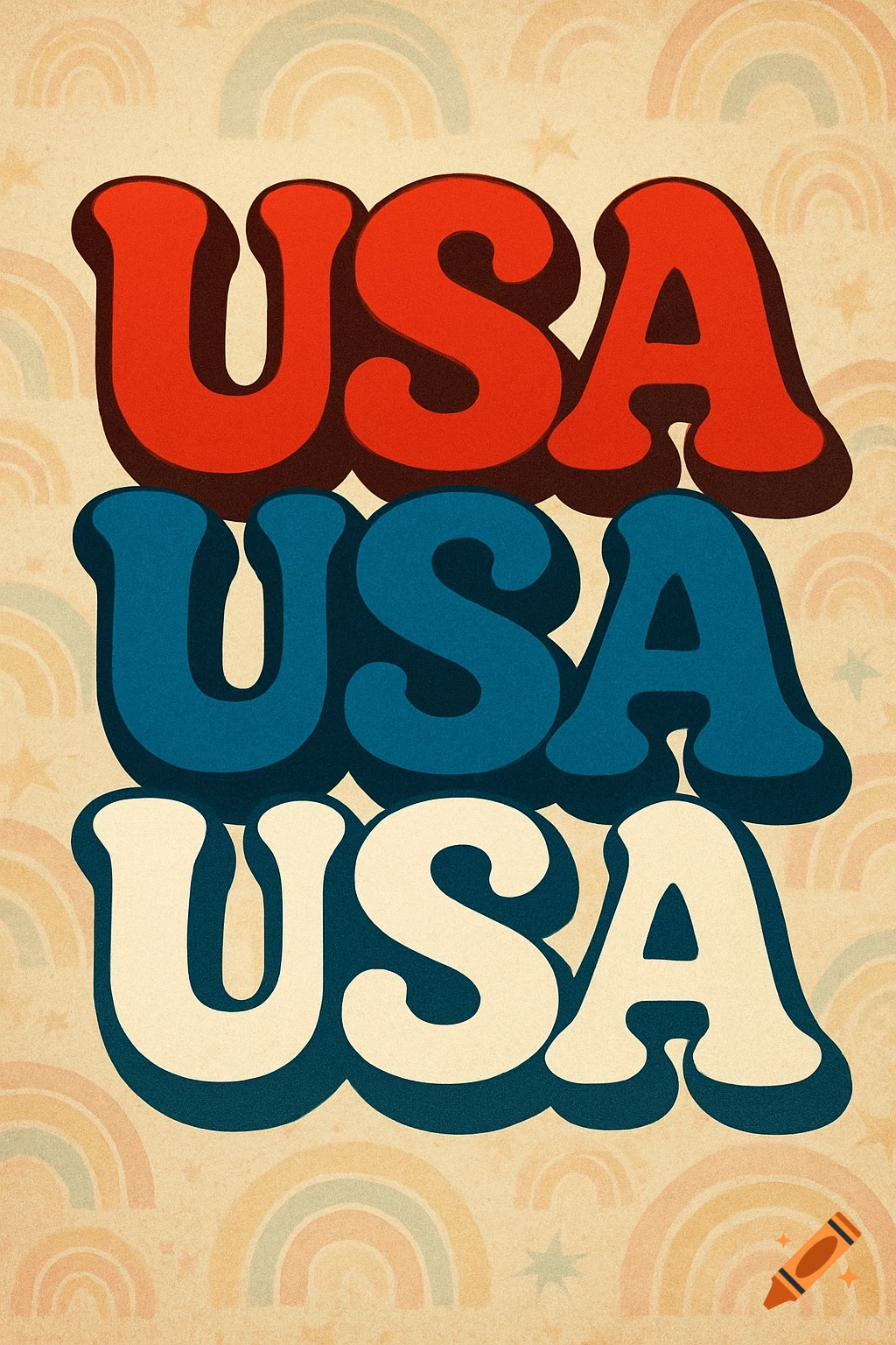 Stacked words 'USA' in a red, blue, and cream retro 70s font with a grainy background of muted rainbows and stars.