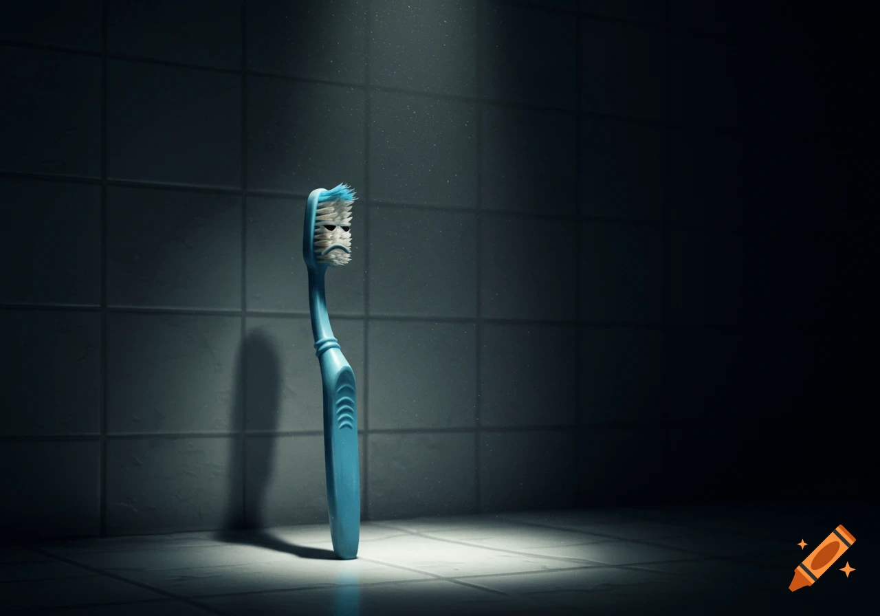 A worn-out blue toothbrush with a sad expression stands under a spotlight in a dimly lit bathroom.