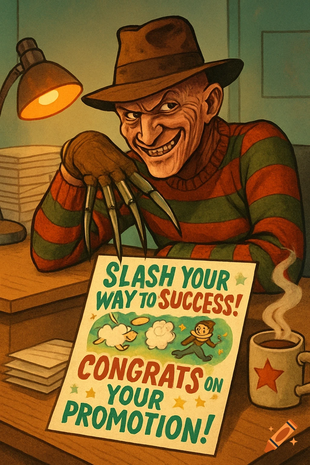 Cartoon illustration of Freddy Krueger at a desk with a card saying 'SLASH YOUR WAY TO SUCCESS! CONGRATS ON YOUR PROMOTION!', lamp, and mug.