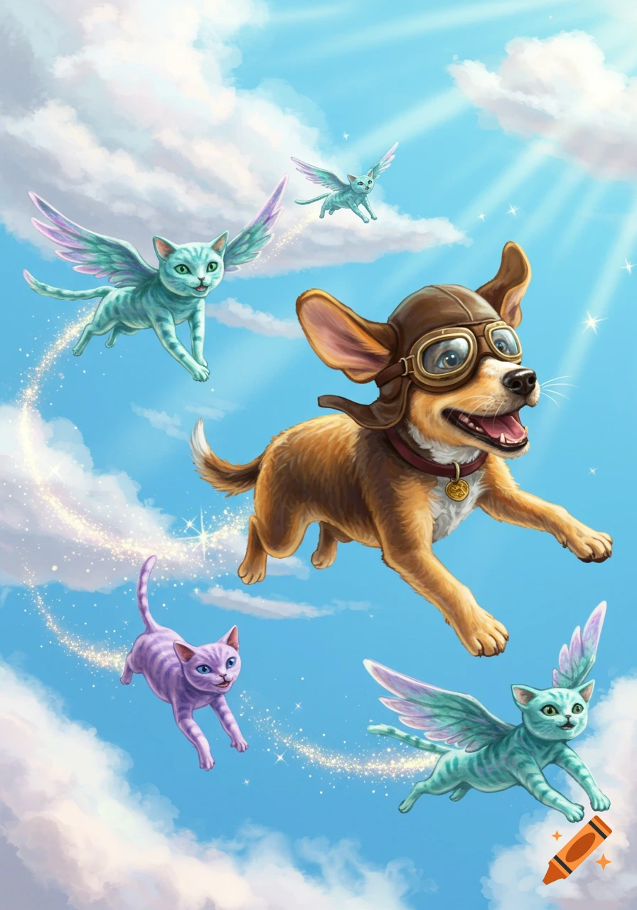 A happy dog in a pilot's helmet flies through a bright blue sky, followed by several winged cats leaving sparkling trails.