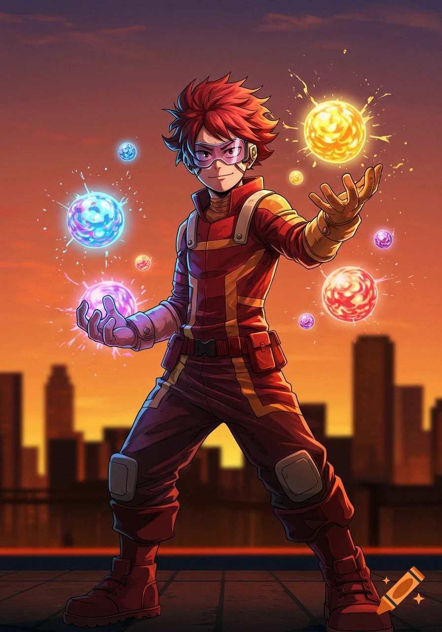 An anime-style superhero with red hair manipulates colorful glowing orbs on a rooftop at sunset.