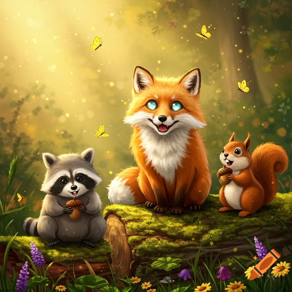 A smiling cartoon fox with glowing blue eyes, a raccoon, and a squirrel, all holding acorns, sit on a mossy log in a magical forest with butterflies and sunbeams.