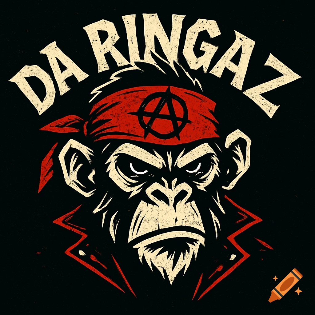 A punk monkey logo illustration with a chimpanzee in a red bandana and 'DA RINGAZ' text.