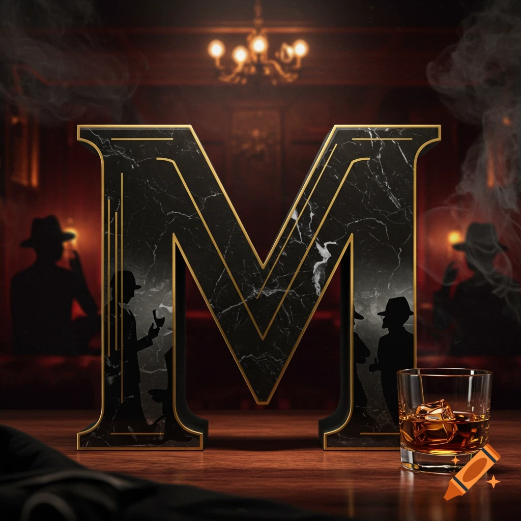 A large black marble letter M with gold trim, featuring mobster silhouettes, a whiskey glass, and a smoky, dimly lit noir bar background.