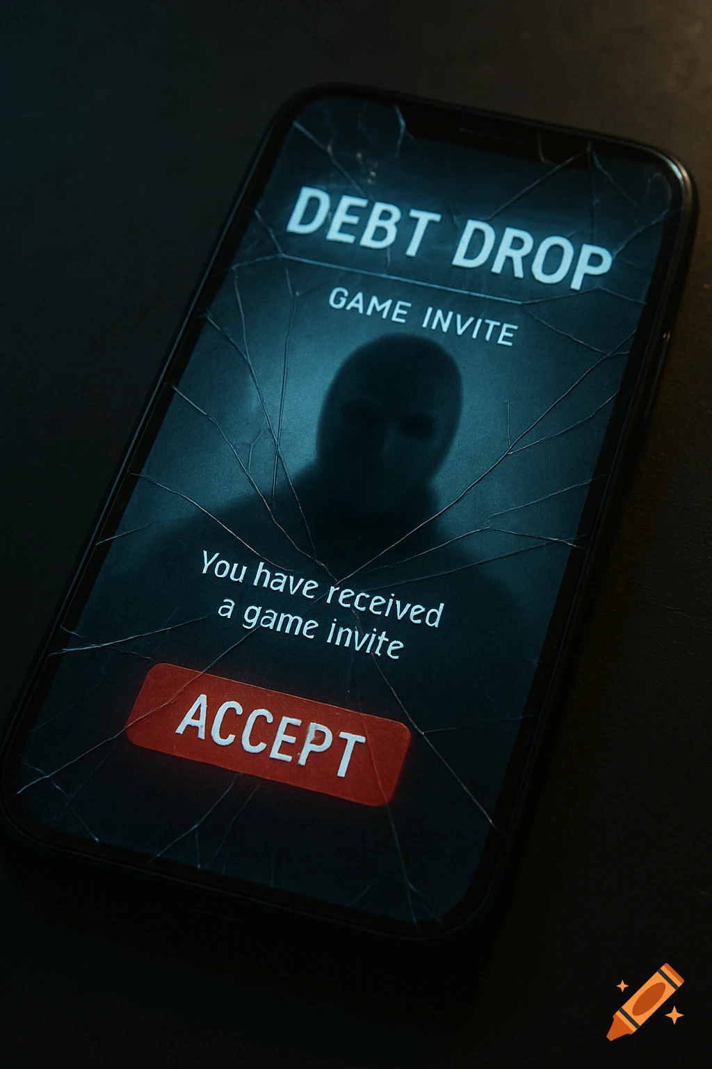 Close-up of a cracked smartphone screen displaying a 'Debt Drop' game invite with a shadowy masked figure and a red 'ACCEPT' button.