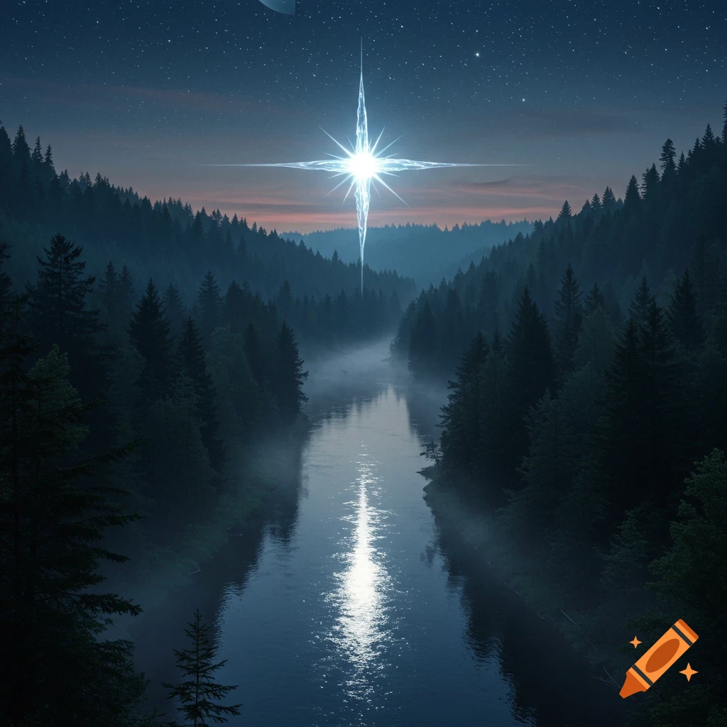 A bright, crystalline star glows above a misty river winding through a dark forest valley under a starry night sky, its light reflected in the water.