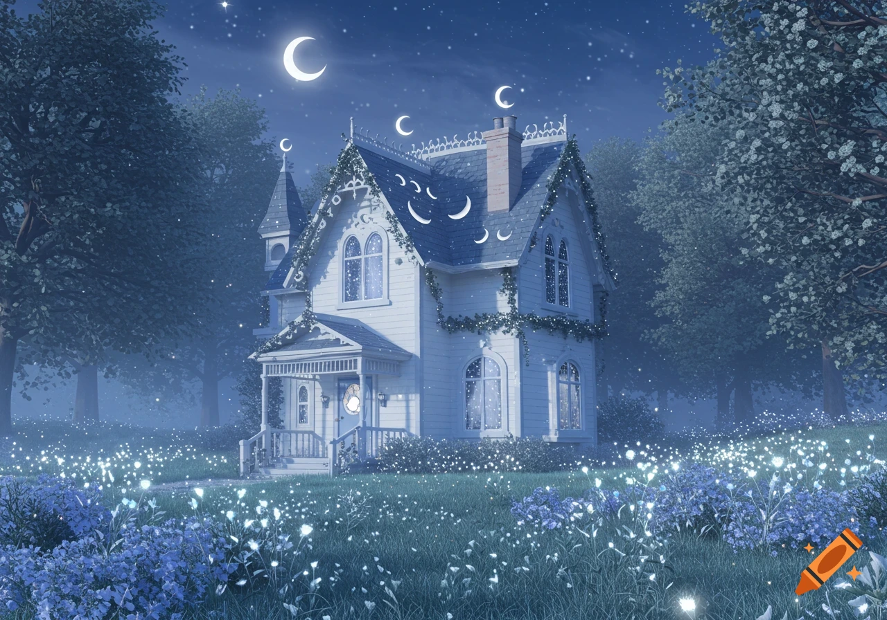 A whimsical Victorian house with lunar motifs under a crescent moon in a magical, glowing garden at night.