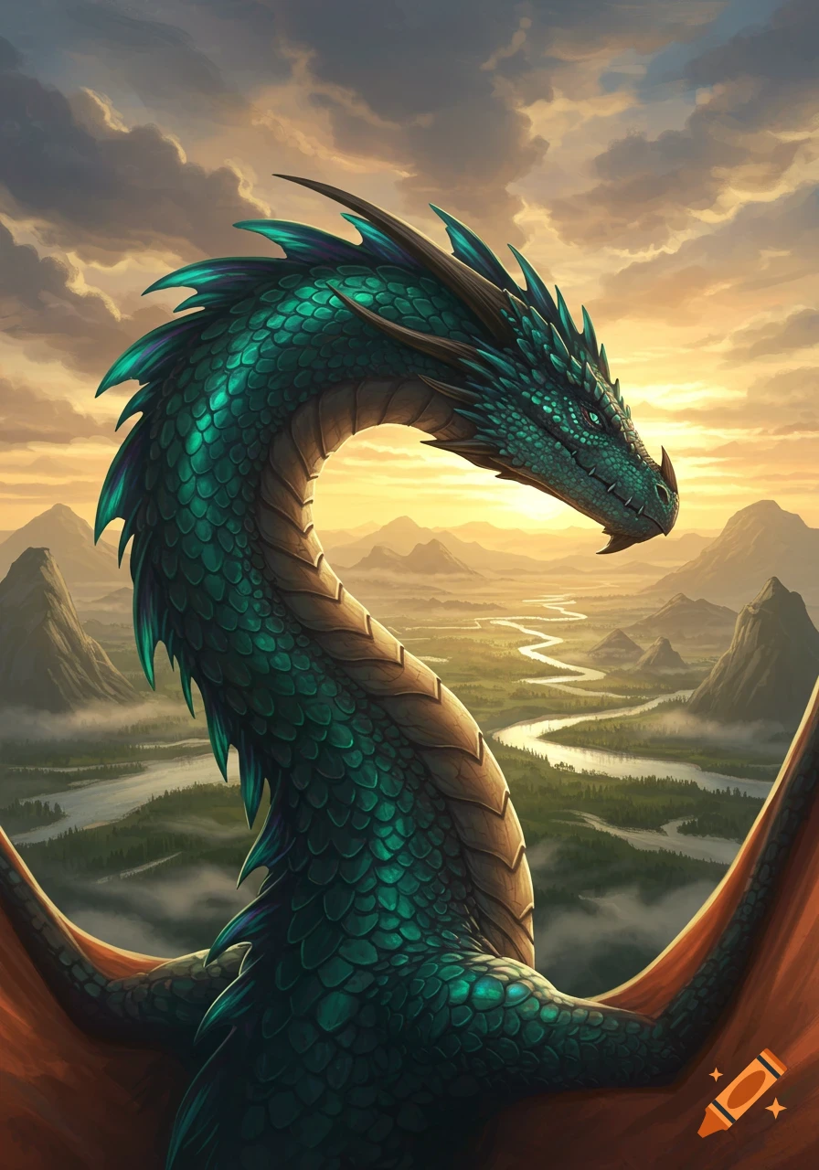 A majestic green and teal dragon looks down over a vast valley with a winding river and mountains, silhouetted against a golden sunset.