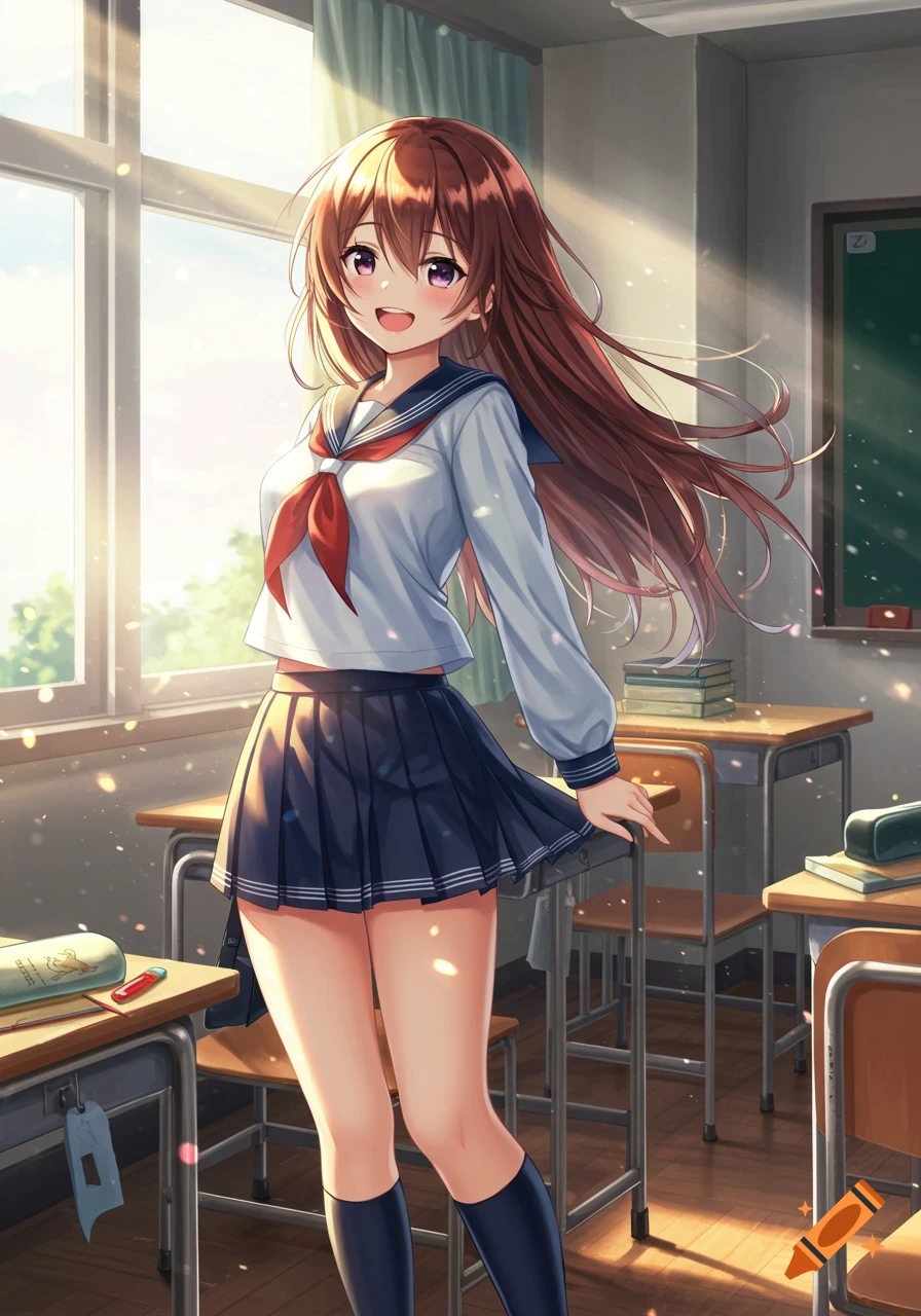 An anime schoolgirl with long brown hair smiles in a sunlit classroom.