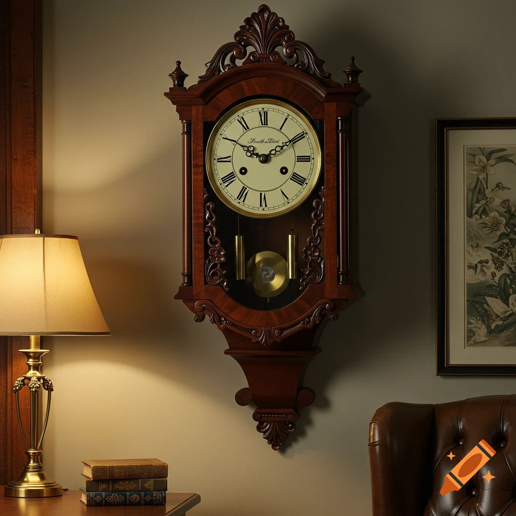 A photorealistic antique wooden wall clock with a brass face and pendulum hangs on a warm-toned wall, next to a lit lamp and books.