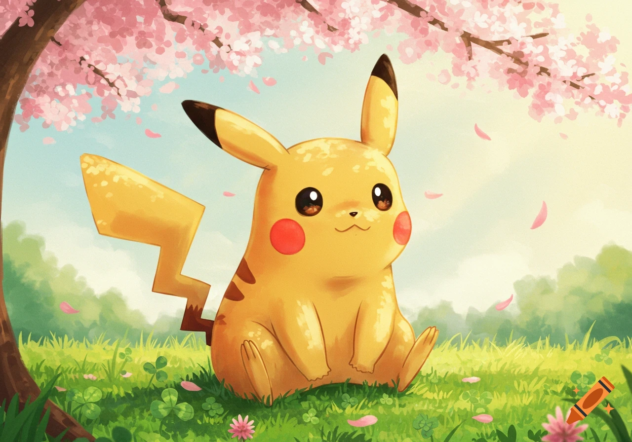 A cute, yellow Pikachu sits in a vibrant green field under a pink cherry blossom tree, with petals falling around it in a clear blue sky.