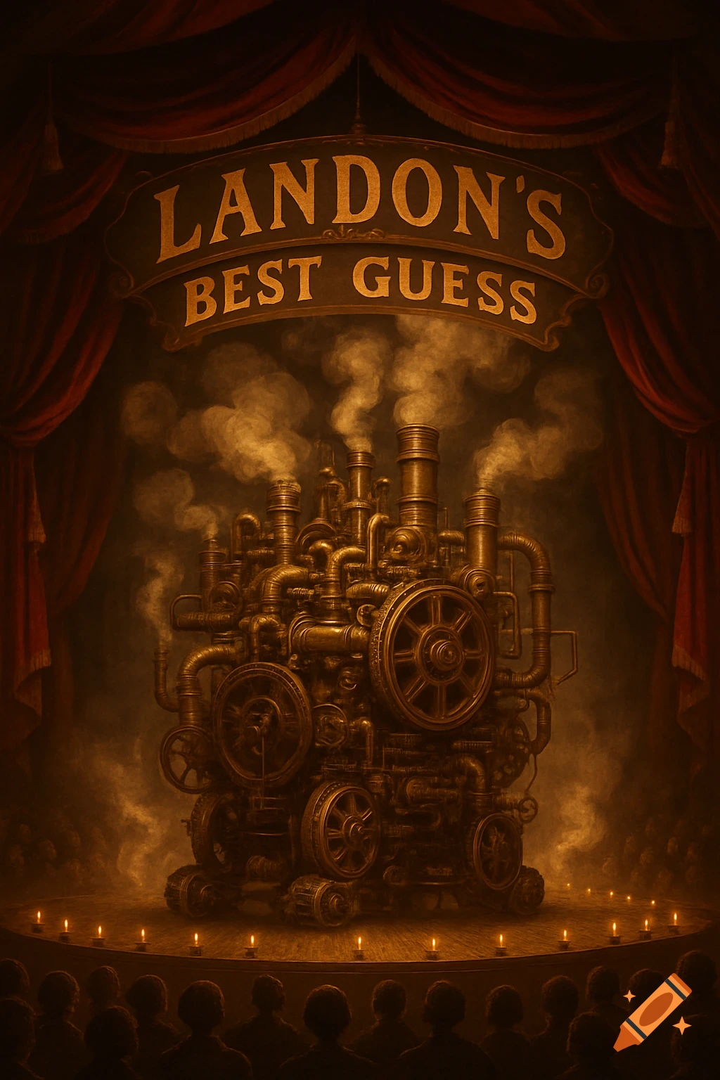 A steampunk-style machine on a stage bellowing smoke under a 'Landon's Best Guess' sign, lit by candles with an audience watching.