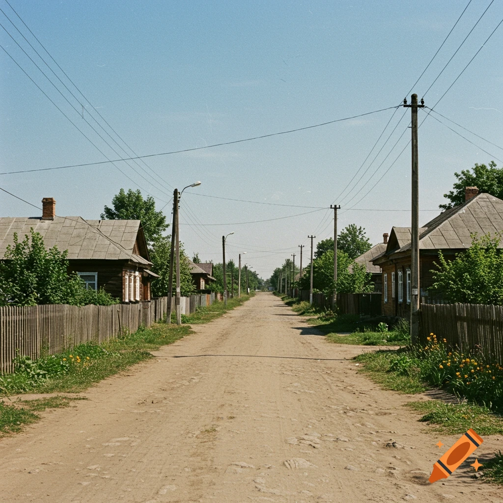 A dirt road stretches through a village lined with wooden houses, fences, and trees under a clear sky, in a vintage photo style.