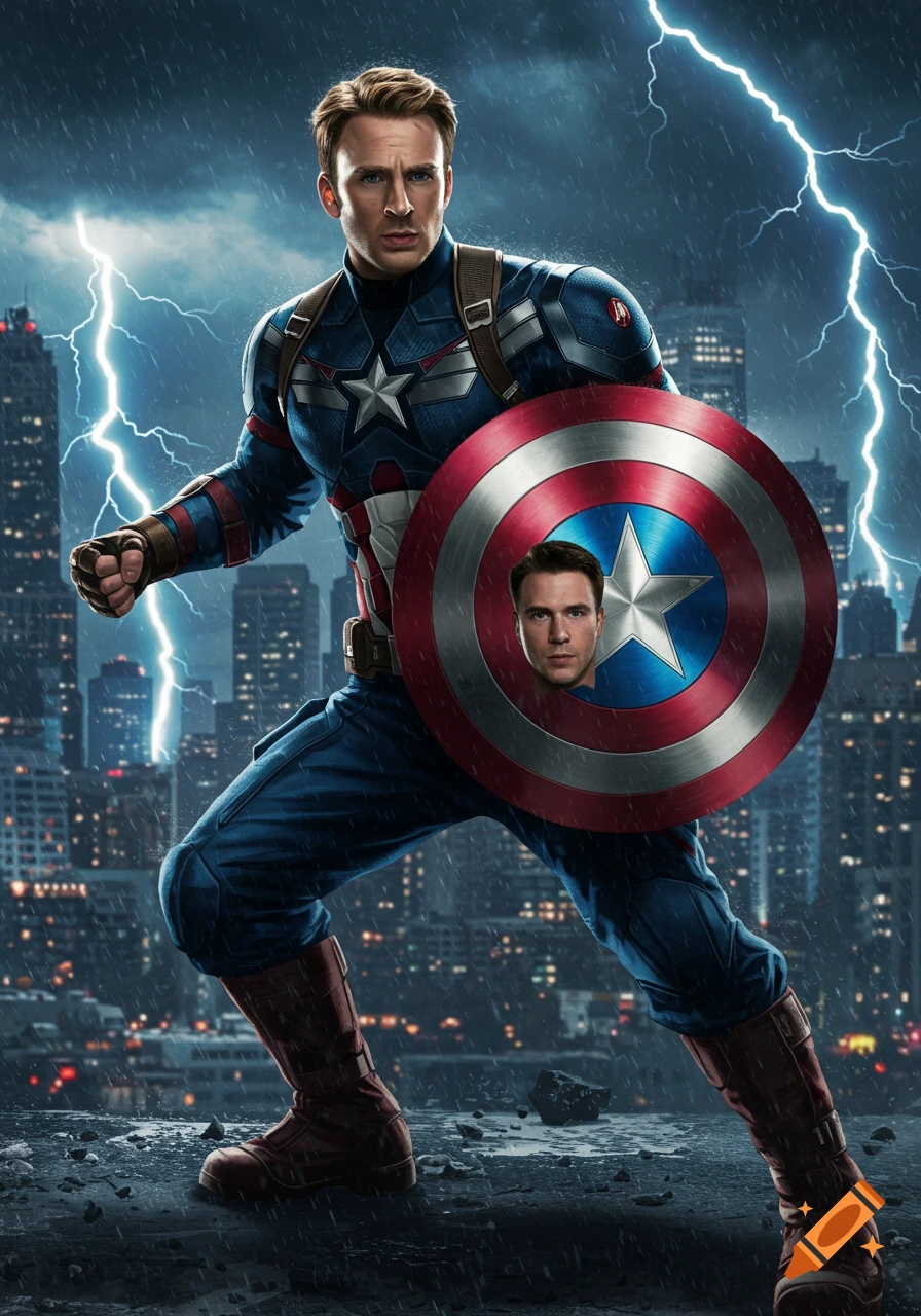Photorealistic Captain America holds his shield with a man's face, on a rooftop with lightning and city at night.