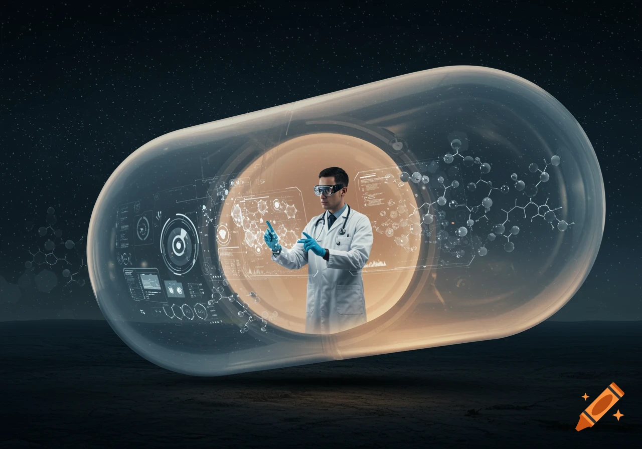 A doctor in a white coat and VR goggles inside a large translucent medicine capsule, interacting with holographic scientific displays and molecular structures.